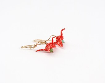 Red Origami Crane Earrings, Japanese Paper Small Bird Earrings, Dangling Crane Origami Earrings, Friendship Symbol Origami Jewelry for Her
