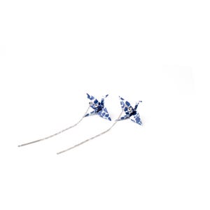 Blue White Paper Crane Origami Earrings, Japanese Paper Small Bird Earrings, Threader Crane Earrings, Origami Jewelry for Her 1 Anniversary