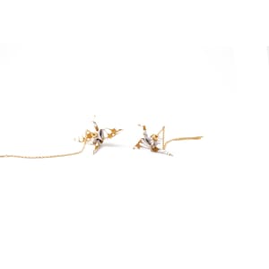 Beige Crane Origami Earrings, 18K plated 925 Silver Threader Earrings, Japanese Paper Small Bird Earrings, 1th Anniversary Jewelry for Her