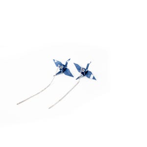 Blue Japanese paper origami crane earrings, Platinum plated sterling silver threader earrings, 1th Anniversary gift for her, Christmas gift