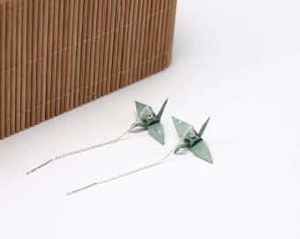 Pastel Green Origami Crane Earrings: Japanese Washi Paper, Sterling Silver