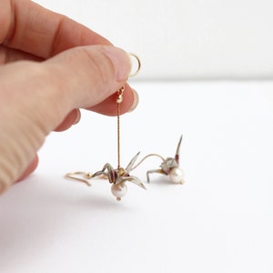 Hand Folded Origami Crane Earrings with Pearl, Origami Bird Earrings, Japanese Paper Earrings, One Year Anniversary Gift for Her, Wife