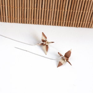Japanese Paper Origami Crane Earrings in Minimal Bronze Paper, First Anniversary Gift for Wife, Unique Artisian Graduation Gift, Good Luck