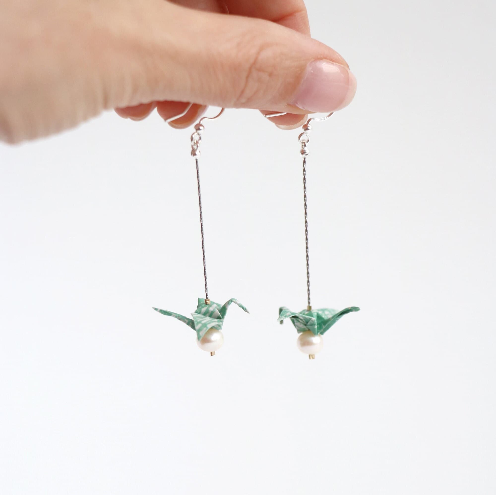 Pastel Paper Origami Crane Earrings, Recycled Newspaper Earrings, Dangling Bird Earrings with Pearl, 1st Anniversary, Art Graduation Gift