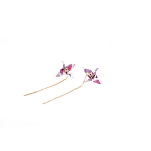 18K gold plated 925 silver origami crane earrings, water resistant, fresh pink Japanese paper, 1th Anniversary gift for her, good luck gift
