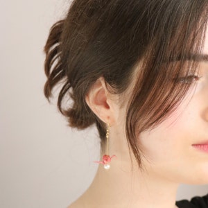 Red Paper Crane Origami Earrings with Pearls, 1st Anniversary Gift for Her, Japanese Bird Origami Jewelry Grandaughter Graduation Gift