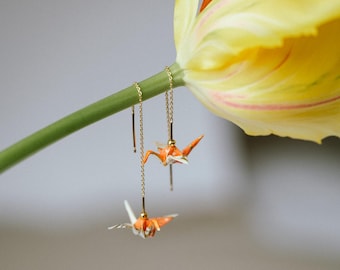 Boucles d'oreilles enfile-tête grue en origami, argent sterling plaqué or, bijoux japonais minimalistes