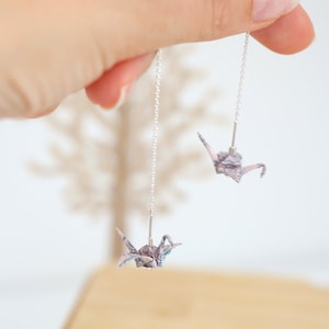 Japanese Paper Crane Origami Dangle Threader Earrings Sterling Silver, 1st Anniversary Gift, Wearable Art, Gift for Her, Good Luck Jewelry