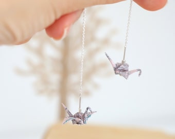 Japanese Paper Crane Origami Dangle Threader Earrings Sterling Silver, 1st Anniversary Gift, Wearable Art, Gift for Her, Good Luck Jewelry