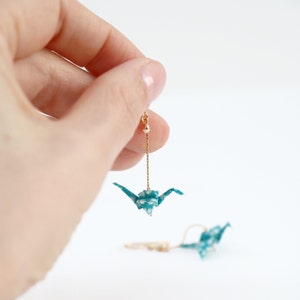 Blue Paper Crane Origami Earrings, Japanese Paper Small Bird Earrings, Dangling Crane Earrings, Animal Origami Jewelry for Her 1 Anniversary