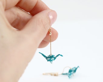 Blue Paper Crane Origami Earrings, Japanese Paper Small Bird Earrings, Dangling Crane Earrings, Animal Origami Jewelry for Her 1 Anniversary