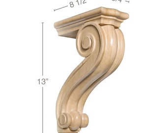 Hand Carved Wood Corbel H13" x D8" x W3", Large Decorative Shelf Bracket, Farmhouse Wooden Support