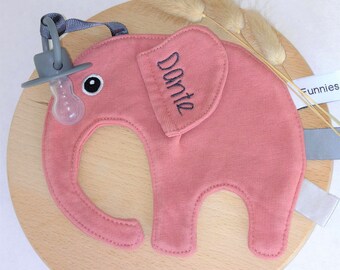 Personalisiertes Schnullertuch mit Namen bestickt, Umstandsgeschenk, Tut-Tuch, Kupfer, Tut-Puppe, Elefant