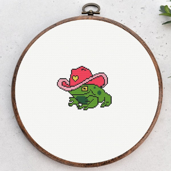 Cute Cross Stitch Pattern: Small Frog with Pink Cowboy Hat - Easy and Fun Design