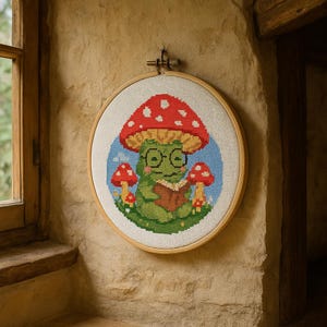 Frog Reading Under Mushroom Cross Stitch Pattern PDF – Cottagecore Embroidery Design, Beginner Friendly, Instant Digital Download