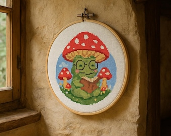 Frog Reading Under Mushroom Cross Stitch Pattern PDF – Cottagecore Embroidery Design, Beginner Friendly, Instant Digital Download