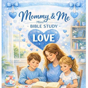 May include: A watercolor illustration of a mother and two children studying a Bible. The cover reads "Mommy & Me Mini Bible Study" with a blue heart that says "LOVE". The scene is in soft blues and whites.
