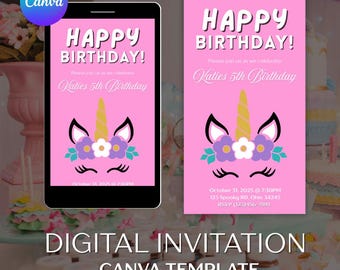 Unicorn Theme Birthday Invitation Template: Editable Canva Invitation (PDF Download)