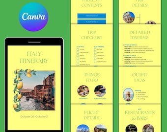 Italy Itinerary Template: Mobile Editable Canva Travel Planner, Limoncello Theme (PDF Download)