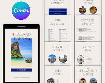 Thailand Travel Itinerary Template, Mobile Travel Planner, Canva Editable