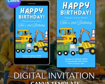 Construction Truck Themed Birthday Invitation Template: Editable Canva Invitation (PDF Download)