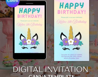 Unicorn Birthday Themed Invitation Template: Editable Canva Invitation (PDF Download)