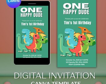 One Happy Dude Dinosaur 1st Birthday Invitation Template, Editable Canva Invitation (PDF Download)