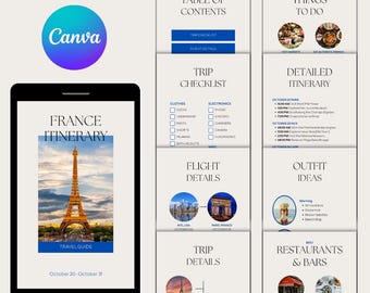 France Travel Itinerary Template, Mobile Travel Planner, Canva Editable