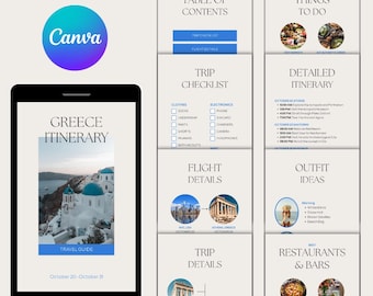 Greece Travel Itinerary Template, Mobile Travel Planner, Canva Editable
