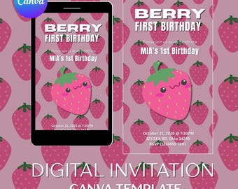 Strawberry First Birthday Invitation: Editable Canva Template (PDF Download)