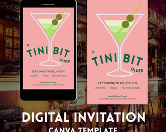 Dirty 30 Martini Birthday Invitation: Editable Canva Template (PDF Download)