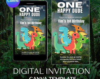Dinosaur 1st Birthday Invitation Template: Editable Canva Invitation (PDF Download)