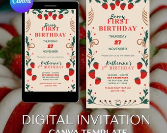 Strawberry 1st Birthday Invitation Template: Editable Canva Invite (PDF Download)
