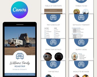 RV Road Trip Itinerary Template: Editable Canva Planner, Digital Mobile Travel Planner (PDF Download)