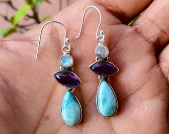 Natural Larimar Amethyst Moonstone Earrings, 925 Sterling Silver, Women Designer Earring,