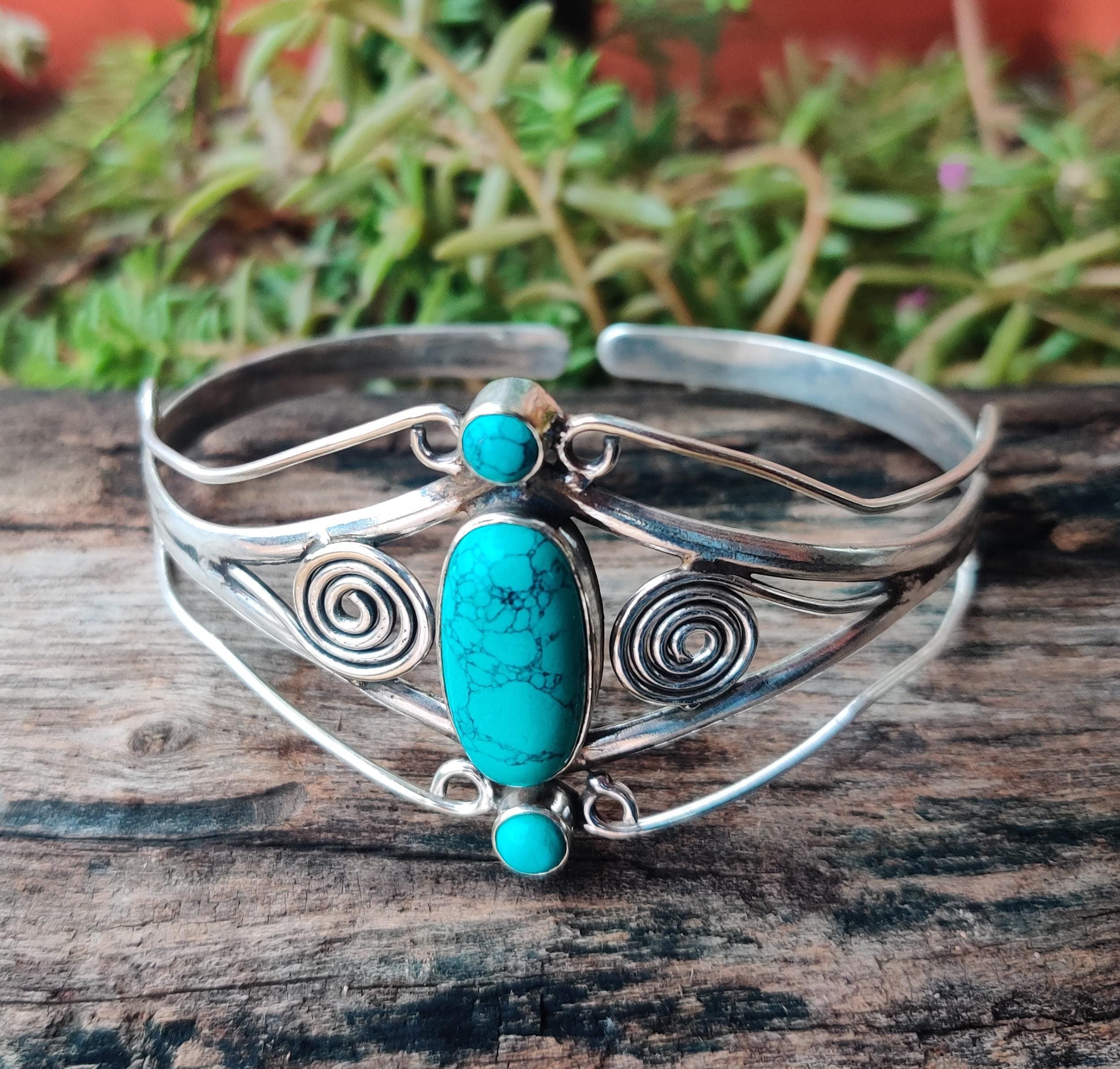 Turquoise Bangle: Handmade 925 Sterling Silver Adjustable Bracelet