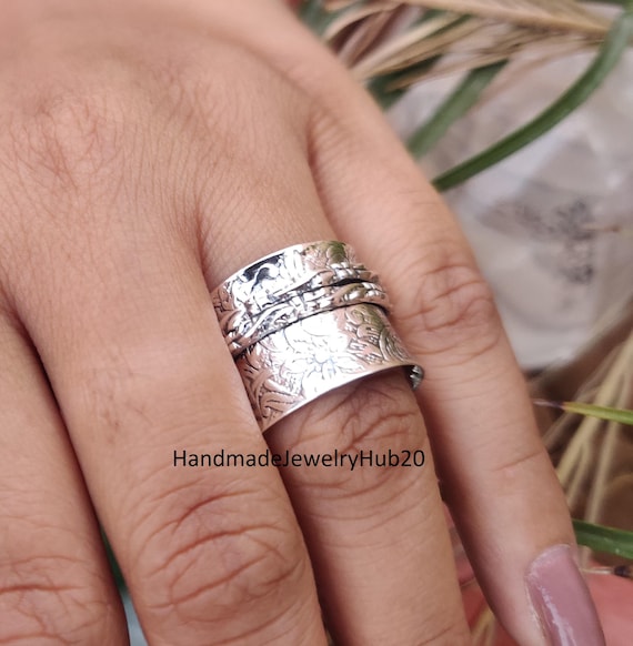 925 Sterling Silver Spinner Ring, Two Tone Zigzag Band, Handmade