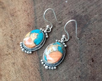 Orecchini pendenti in argento sterling 925 con turchese e rame ostrica: designer