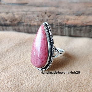 Anello con pietra preziosa rodonite: anello importante in argento sterling 925