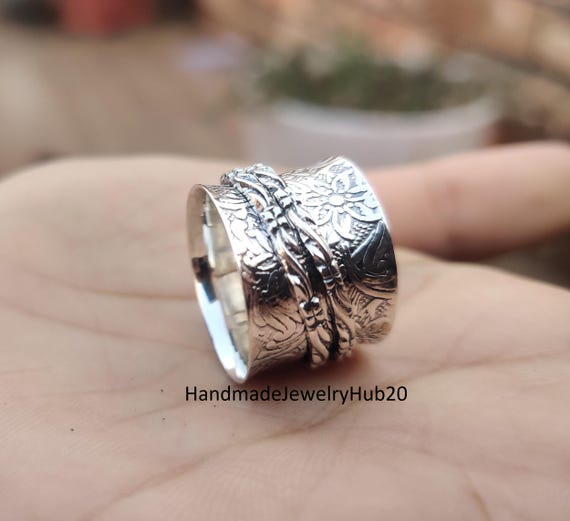 925 Sterling Silver Spinner Ring, Two Tone Zigzag Band, Handmade