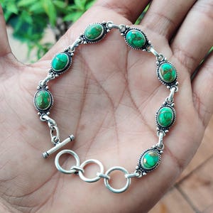 Green Copper Turquoise Bracelet, 925 Sterling Silver, Handmade Bracelet, Woman Bracelet, Designer Bracelet, Gift For Love, Silver Bracelet,