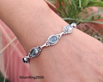 Pulsera de aguamarina natural, plata de ley 925, joyería de diseño con piedras preciosas