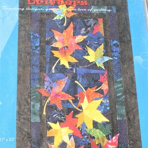 DRIFTERS fall leaf leaves quilted wall hanging, table runner pattern, 27 x 52 inch fabric maple leaves