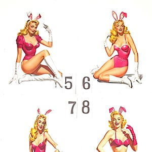 May include: Four vintage illustrations of women in pink bunny outfits, white gloves, and boots. Each figure is posed differently, with blonde hair and bunny ears. Numbers 5, 6, 7, and 8 are visible.