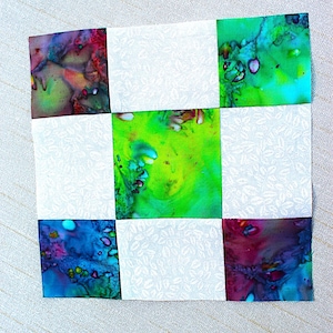 FIVE quilt block handmade squares 9 patch bright watercolors 7" finished