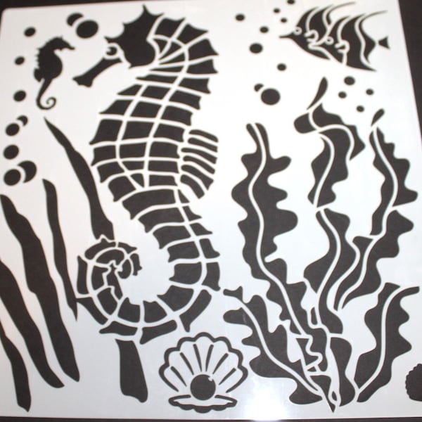 mylar stencil #20 SEAHORSE, fish and seaweed, seashells, bubbles beach stencil