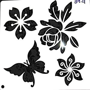 pochoir artisanal n° 283 papillon, fleurs, clématite, pivoine, jardin 5 x 5 scrapbooking, modèle de carte de voeux