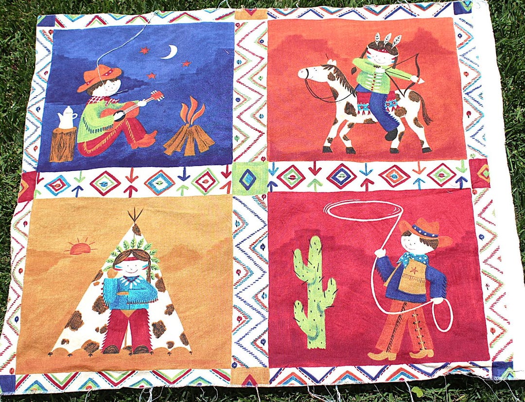 Panel Cowboy Cotton Fabric Panel #215 Kid Cowboy and Indian Panels 11 3/4 X 10 ...