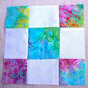 FIVE handmade cotton fabric quilt square  block BEAUTIFUL happy colors 7" finished, marked nine patch