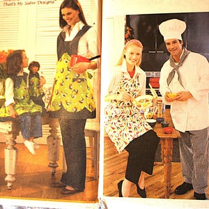 May include: Image of aprons and chef attire. A woman and child wear matching green aprons with a floral design. Another woman wears a yellow apron with a scalloped edge. A chef and woman wear chef attire. Uniforms are displayed.